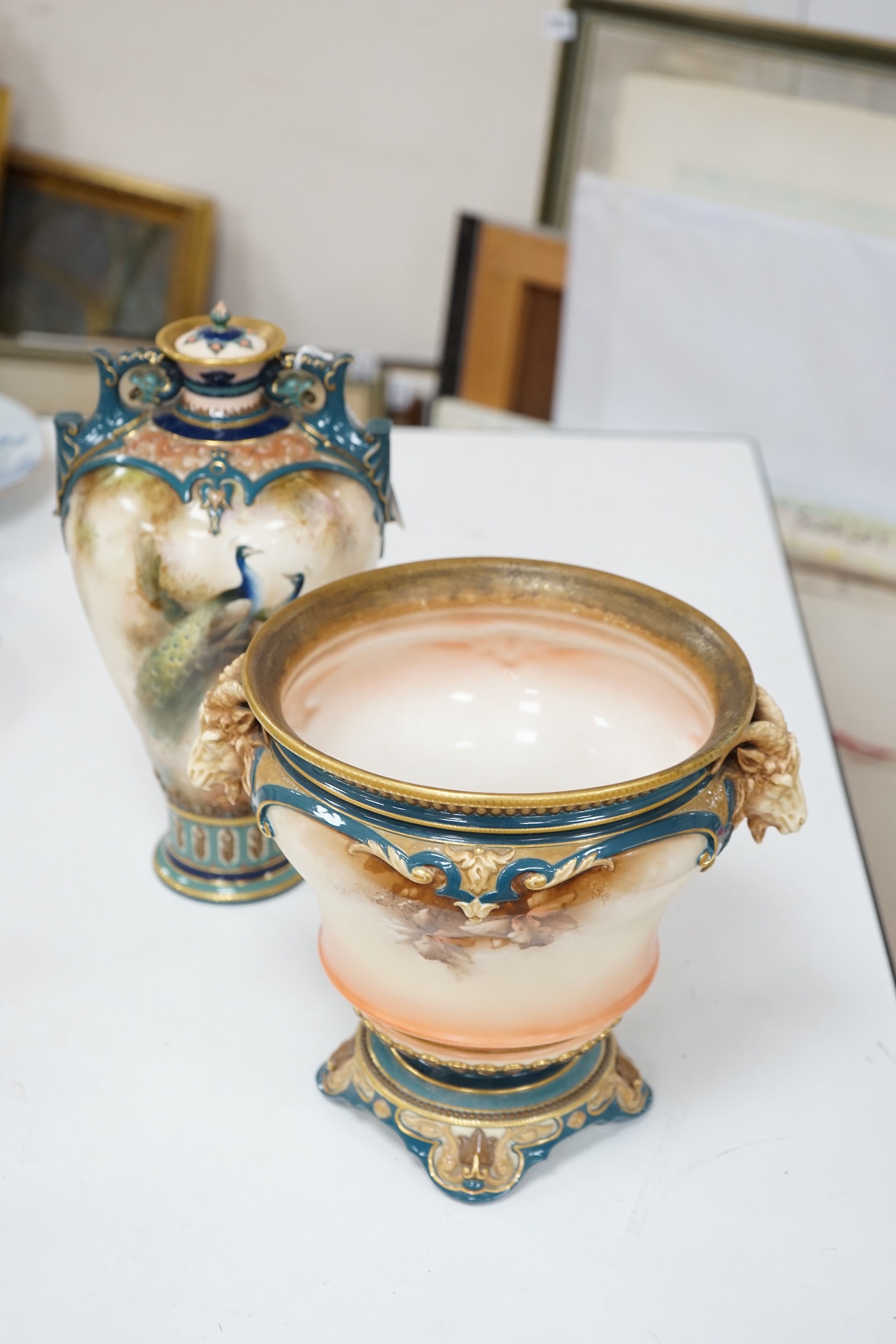 A Hadley's Worcester vase and cover and a Hadley's jardiniere, F100/50 and 168/2, tallest 31cm. Condition - good